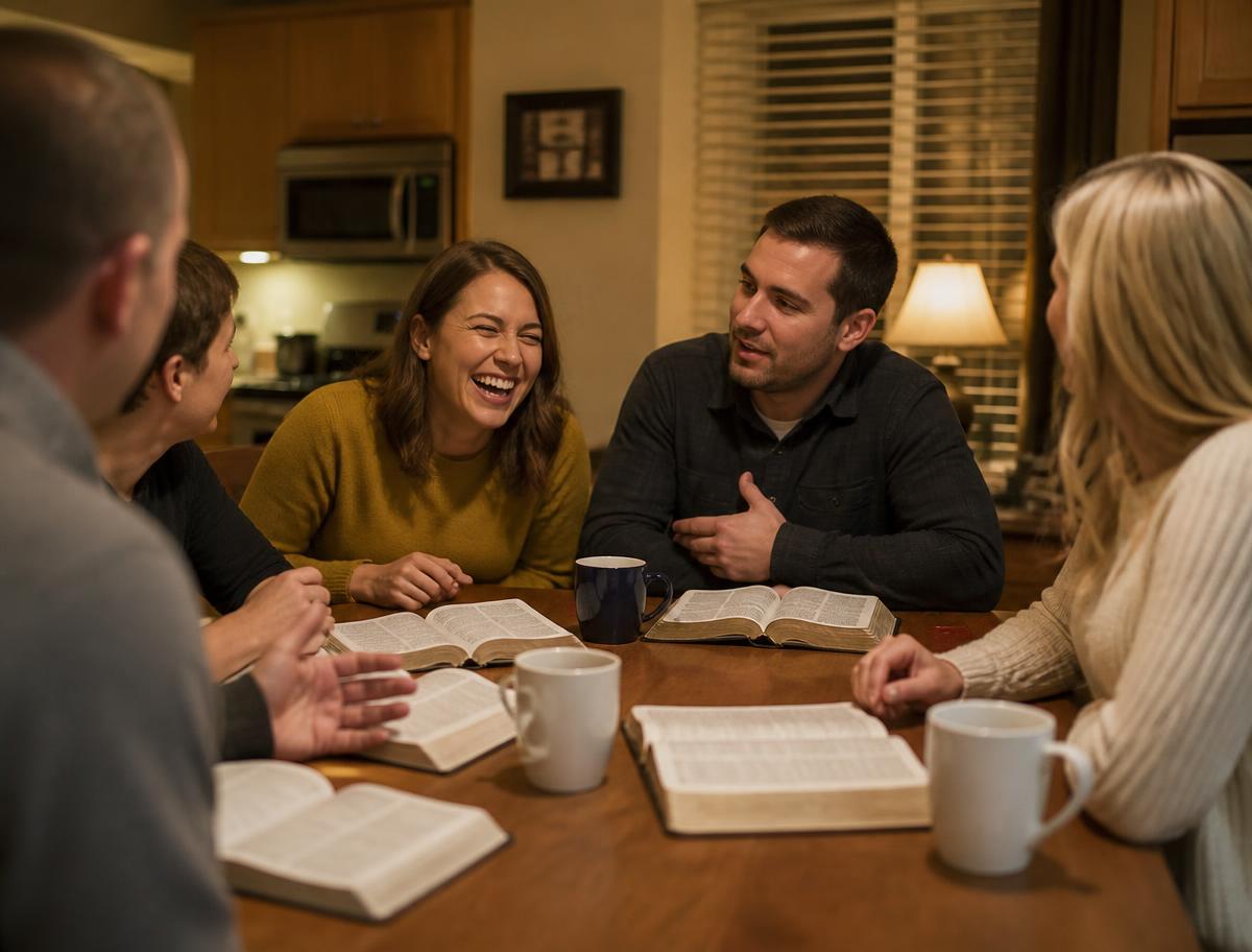 A small group Bible study around a kitchen table