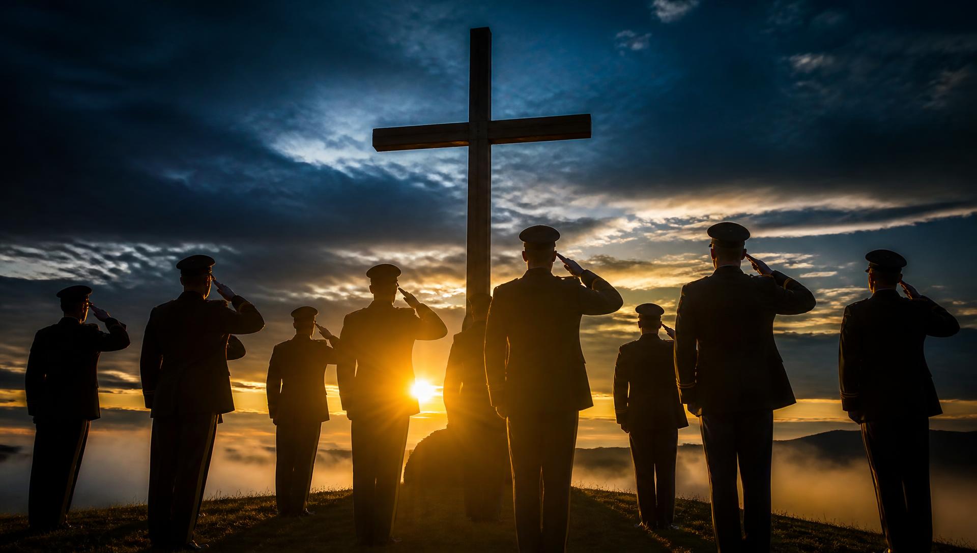 American soldiers saluting a cross at sunrise
